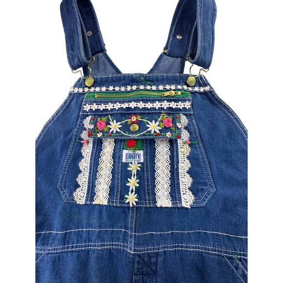liberty Denim - Liberty Overalls Vintage Denim Floral Embroidery Lace Trim Carpenter Blue L/XL
